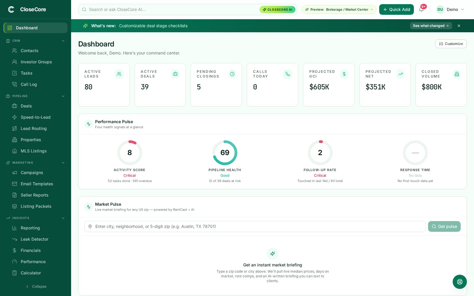 CloseCore Dashboard preview